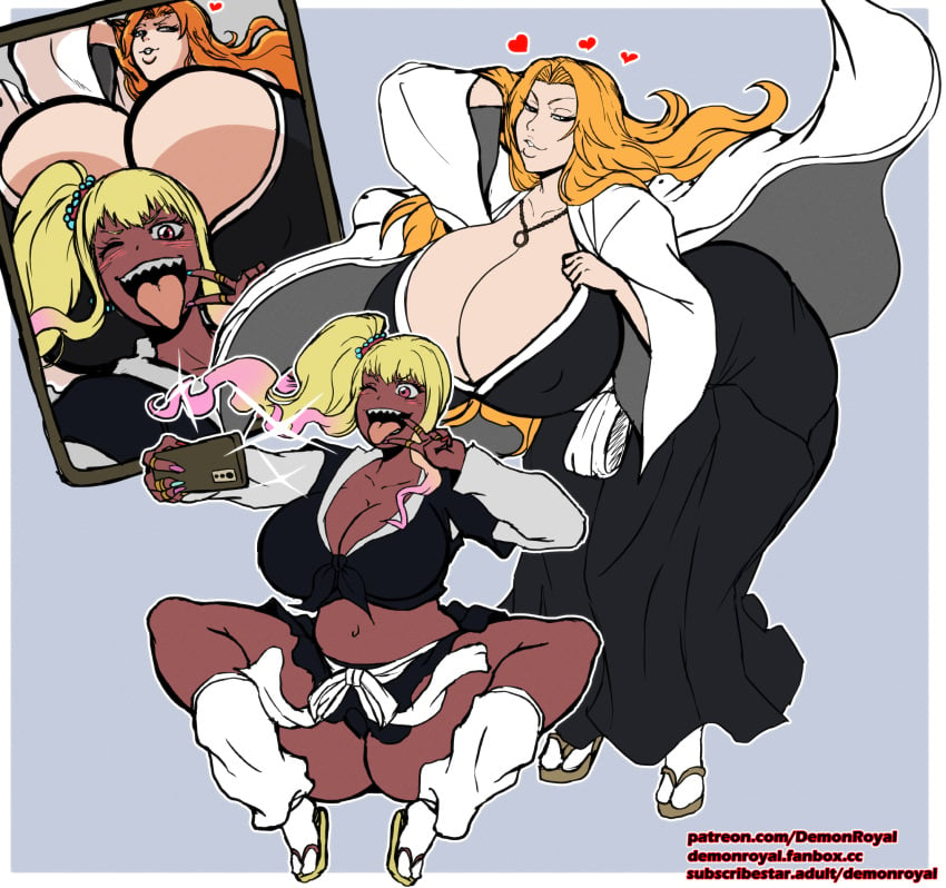 2024 bleach blonde_hair breasts commission dark-skinned_female dark_skin demonroyal gyaru huge_breasts kneehighs large_breasts loose_socks orange_hair phone rangiku_matsumoto selfie shinigami socks tagme white_socks yayahara_yuyu