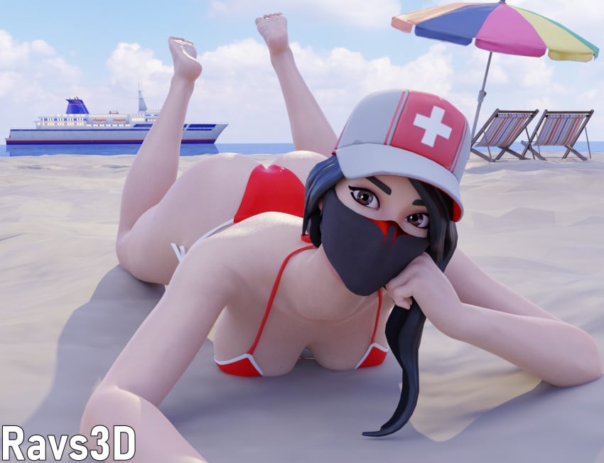 3d ass ass_up beach bikini blender cap feet fortnite fortnite:_battle_royale laying_down mask ravs3d remedy_(fortnite) sand staring_at_viewer thick