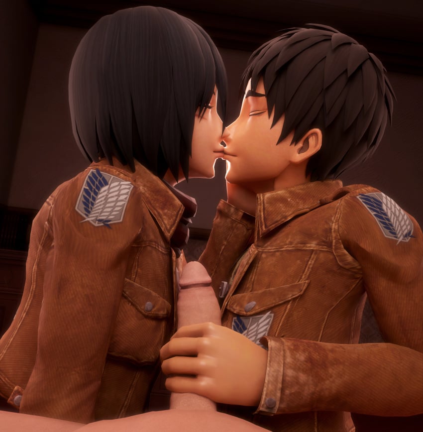 1girls 2boys 3d attack_on_titan bisexual bisexual_male both_sexes_in_same_situation eren_jaeger female handjob human human_only kissing male male_pov matching_outfit mikasa_ackerman mrgtsfloop pov shingeki_no_kyojin