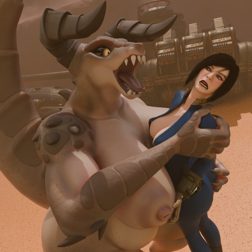 3d anthro anthro_female anthro_pred clothed clothed_female deathclaw deathclaw_humanoid fallout female_pred female_prey height_difference horn horns human human_female human_prey larger_female naked naked_female non-mammal_breasts nude nude_female pre_vore scalie scalie_female scalie_humanoid sharp_teeth size_difference smaller_female yes_(artist)