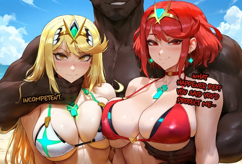 ai_generated aipotions beach beach_background bikini bimbo blonde_hair cheating cheating_girlfriend cheating_wife cheating_with_enemy dark-skinned_male dark_penis dark_skin domination interracial long_hair mythra netorare ntr pale_skin pyra red_eyes red_hair short_hair slut xenoblade_(series) xenoblade_chronicles_2 yellow_eyes