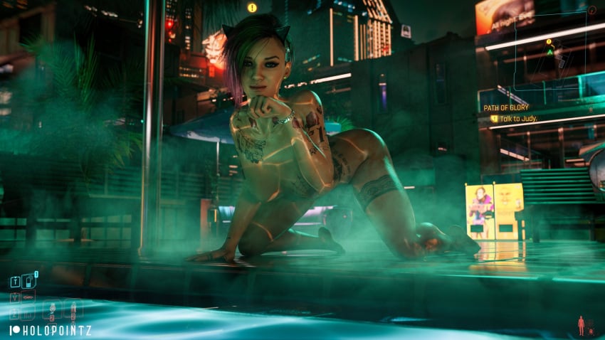 1girls 3d ass breasts cd_projekt_red cyberpunk cyberpunk_(series) cyberpunk_2077 female holopointz hourglass_figure judy_alvarez legs light-skinned_female light_skin slim_waist tattoo tattoos the_mox thick thighs waist