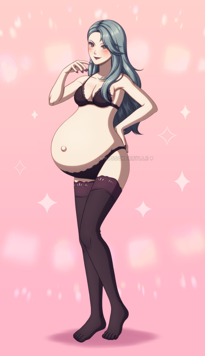 1girls belly big_belly bra female grey_hair misscherrylle outie_navel panties persona persona_5 pregnant sae_niijima solo