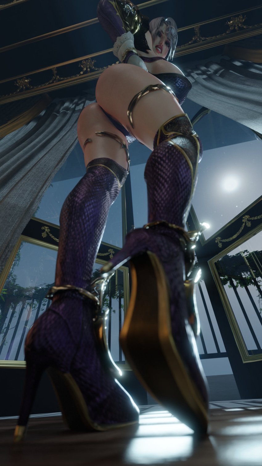 1girls 3d ass female foot_focus high_heels isabella_valentine looking_at_viewer looking_down revealing_clothes serpentorder solo soul_calibur viewed_from_below white_hair