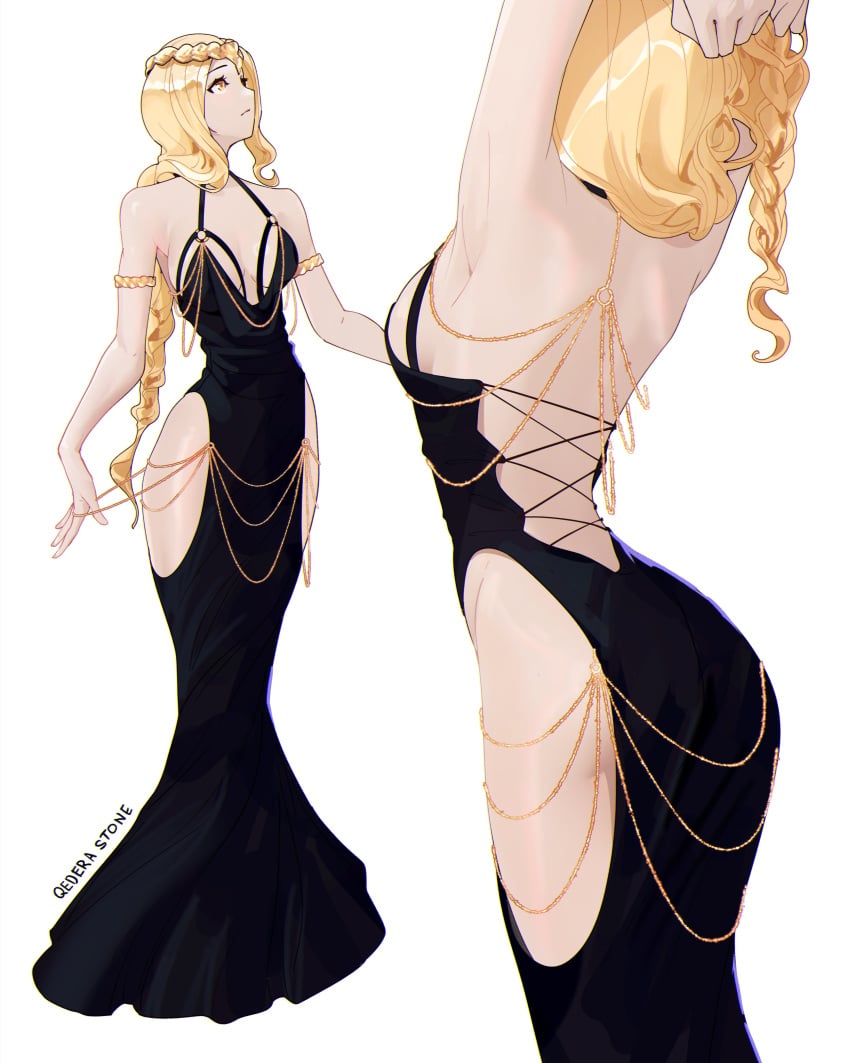 big_ass big_breasts blonde_hair cleavage deity divinity dress elden_ring female female_only fromsoftware goddess milf modakawa_dress qederapawn queen_marika_the_eternal