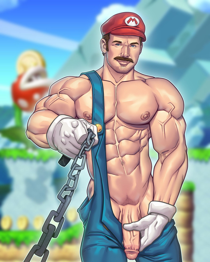 1boy actor big_cock big_penis blitzturner boner caucasian caucasian_male celebrity chains chris_pratt erect_penis erection hard_on holding_penis huge_cock in_character looking_at_viewer male male_only mario mario_(cosplay) mario_(series) muscles muscular muscular_male overalls solo solo_male super_mario_bros. super_mario_bros._(2023_film) veiny_penis