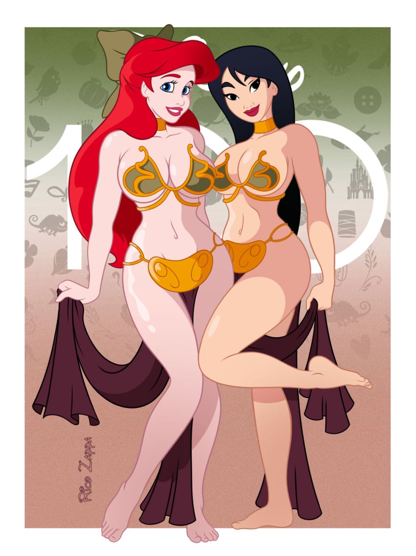 2girls ariel belly_dancer belly_dancer_outfit black_eyes black_hair blue_eyes cleavage collar cosplay crossover disney disney_princess enslaved_royal fa_mulan female female_only fully_clothed gradient_background green_background harem_girl harem_outfit human large_breasts loincloth long_hair looking_at_viewer mulan multiple_girls red_background red_hair revealing_clothes ricozappa skimpy_clothes slave_bikini slave_collar slave_leia_(cosplay) slave_outfit slavegirl text the_little_mermaid voluptuous white_background