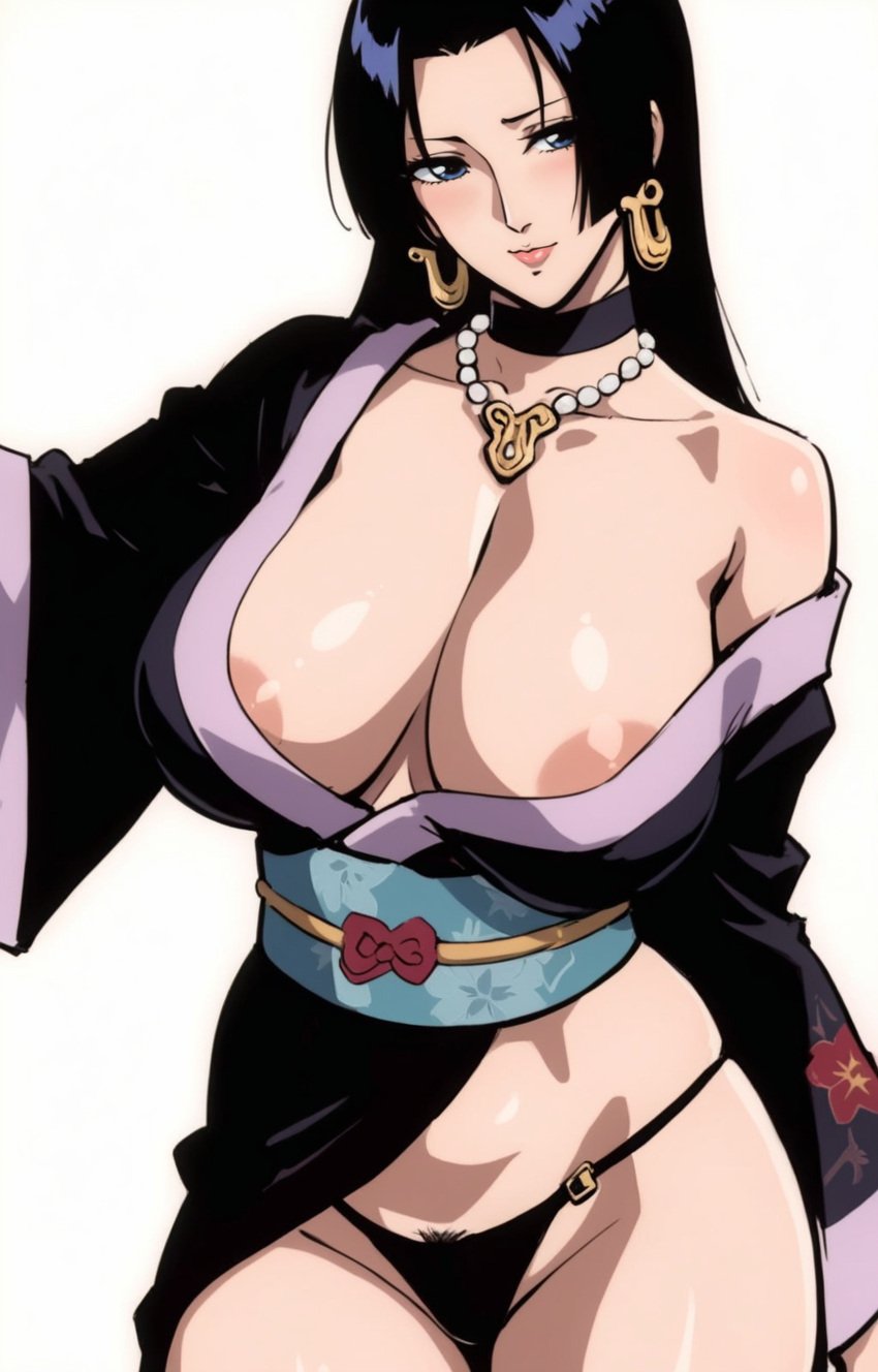 ai_generated barely_visible_nipples big_breasts boa_hancock choker cleavage female female_only female_pubic_hair kimono mexkwigo one_piece pubic_hair seductive solo thong