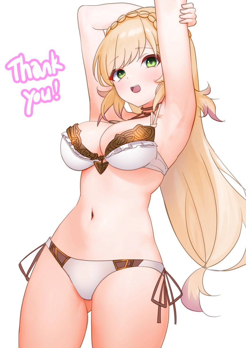 1girls alternate_costume armpits arms_up ass_visible_through_thighs bare_thighs bikini blonde_hair breasts cleavage female female_only fire_emblem fire_emblem_heroes got0_naisho green_eyes long_hair medium_breasts multicolored_hair nintendo official_alternate_costume open_mouth sharena_(fire_emblem) smile solo swimsuit thank_you thighs very_long_hair white_background white_bikini white_swimsuit yellow_hair