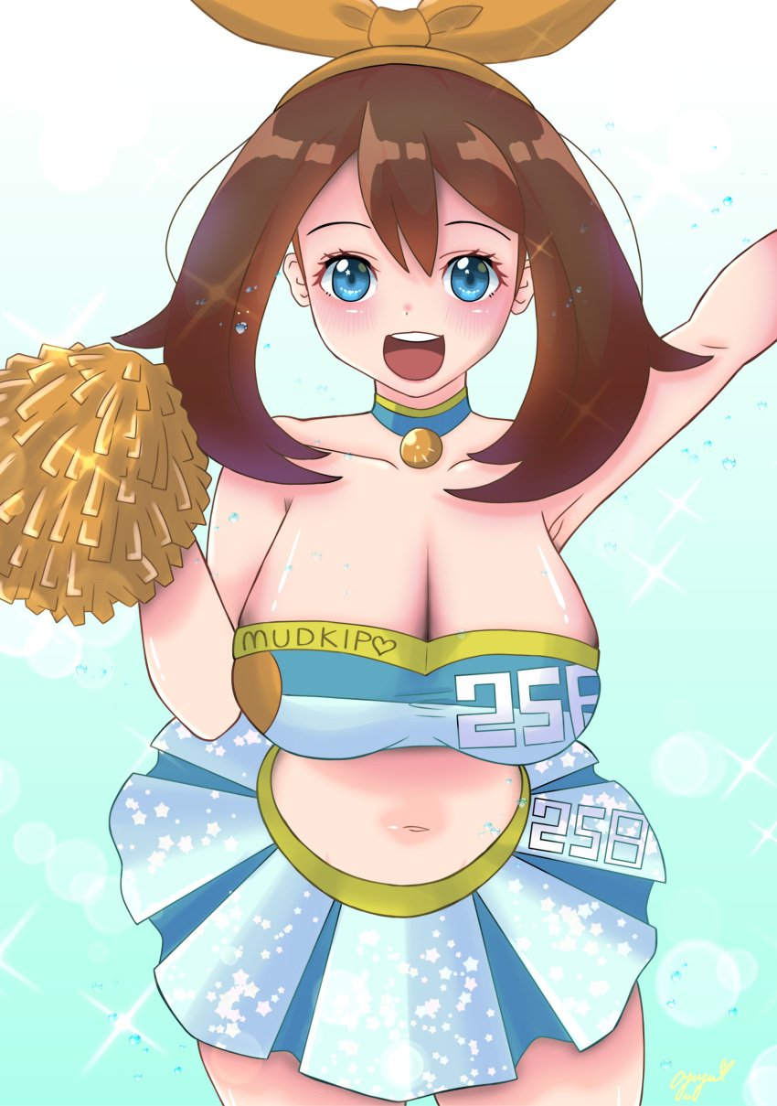 1girls ayuyu_lament blue_crop_top blue_eyes blue_skirt breasts brown_hair cheerleader cheerleader_uniform choker crop_top hairband large_breasts looking_at_viewer may_(pokemon) midriff navel nintendo pokemon pokemon_rse pom_pom_(cheerleading) short_hair skirt