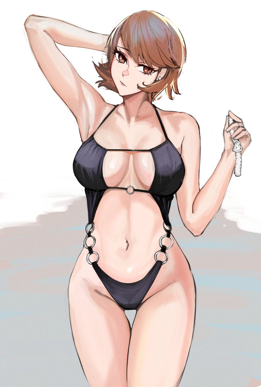 1girls black_one-piece_swimsuit black_swimsuit breasts brown_eyes brown_hair choker choker_removed earrings heart_choker holding_choker large_breasts looking_at_viewer midriff navel nero_watch o-ring o-ring_swimsuit one-piece_swimsuit persona persona_3 short_hair swimsuit yukari_takeba