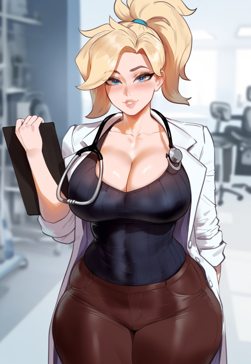 ai_generated blonde_hair blue_eyes brown_pants cleavage clipboard creamy_ai curvy dr._ziegler labcoat large_breasts mercy overwatch overwatch_2 pants stethoscope tank_top thick_thighs wide_hips