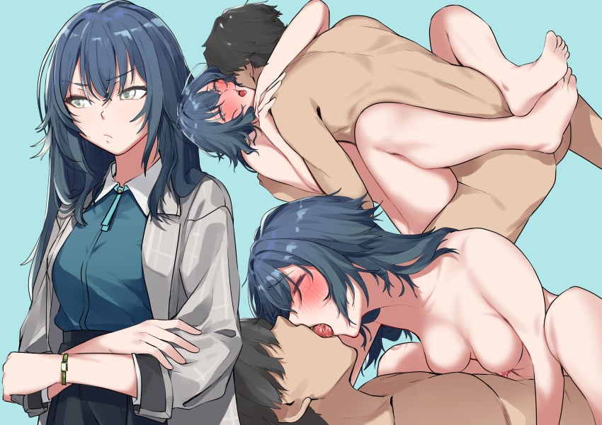 1boy absurdres ass barefoot black_hair black_skirt breasts closed_eyes coat collarbone cowgirl_position crossed_arms dorsiflexion faceless faceless_male female french_kiss gakuen_idolmaster green_eyes green_hair green_shirt grey_coat highres hug idolmaster kissing leg_lock medium_breasts missionary multiple_views nipples nude saliva sex shion1350 shirt sideways_glance simple_background skirt soles straddling straight toes tsukimura_temari