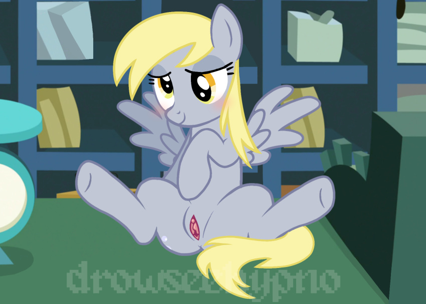 accurate_art_style blonde_hair blush cross-eyed delivery_employee derpy_hooves grey_body horse my_little_pony pegasus pony postal_carrier seductive seductive_look seductive_pose seductive_smile solo solo_female spread_legs spreading vagina