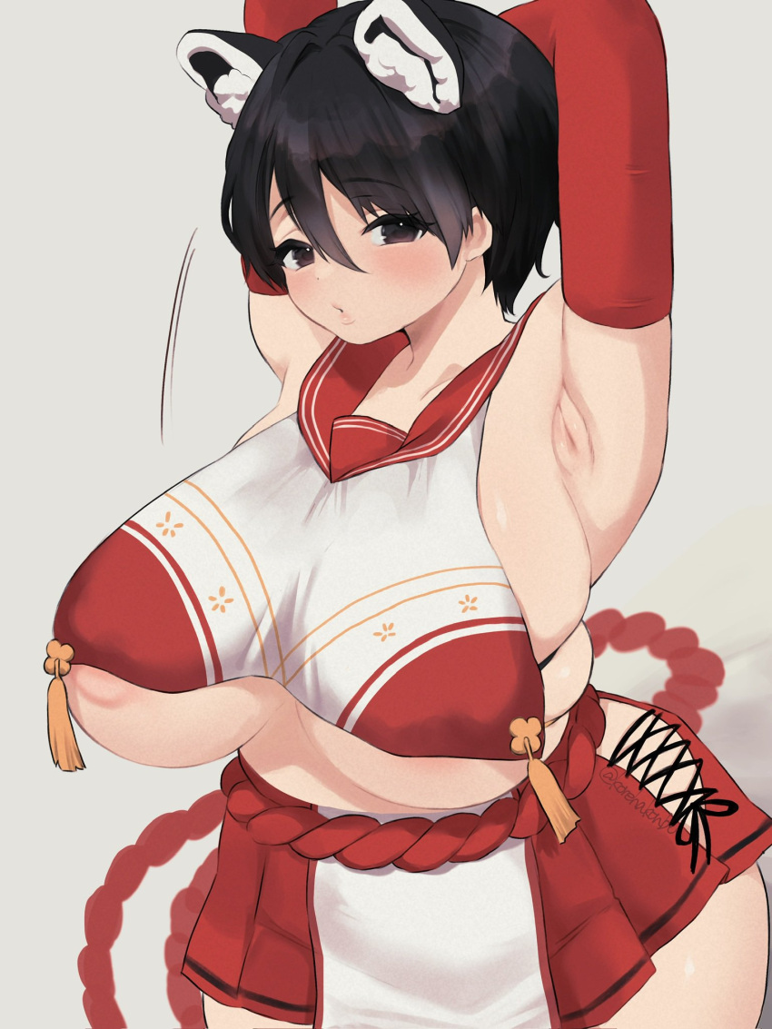 allied_hyakkiyako_academy_student animal_ear_fluff animal_ears areola_slip arm_behind_head armpits arms_up black_eyes black_hair blue_archive blush breasts elbow_gloves female gloves huge_breasts inner_discipline_club_(blue_archive) japanese_clothes korehakonbu miko red_gloves revealing_clothes rope_belt short_hair skirt solo tsubaki_(blue_archive) underboob very_short_hair