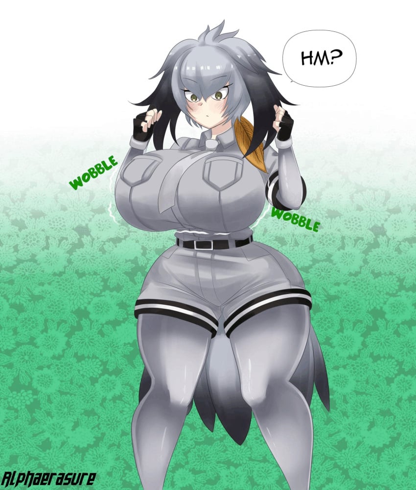 1girls 2021 alphaerasure barely_contained barely_contained_breasts big_breasts big_nipples blush breast_expansion breasts button_gap cleavage cleavage_overflow erect_nipples gray_hair huge_breasts kemono_friends overflowing_breasts shoebill_(kemono_friends) solo solo_female wide_hips