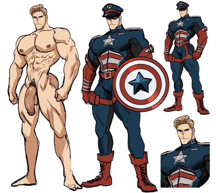 1boy alpha_male ass balls bara big_balls big_penis blonde_hair captain_america captain_america_(series) clothing idoraad lilprincyvi male male_nipples male_only male_pubic_hair marvel muscular_male nipples nude penis steve_rogers tight_clothing