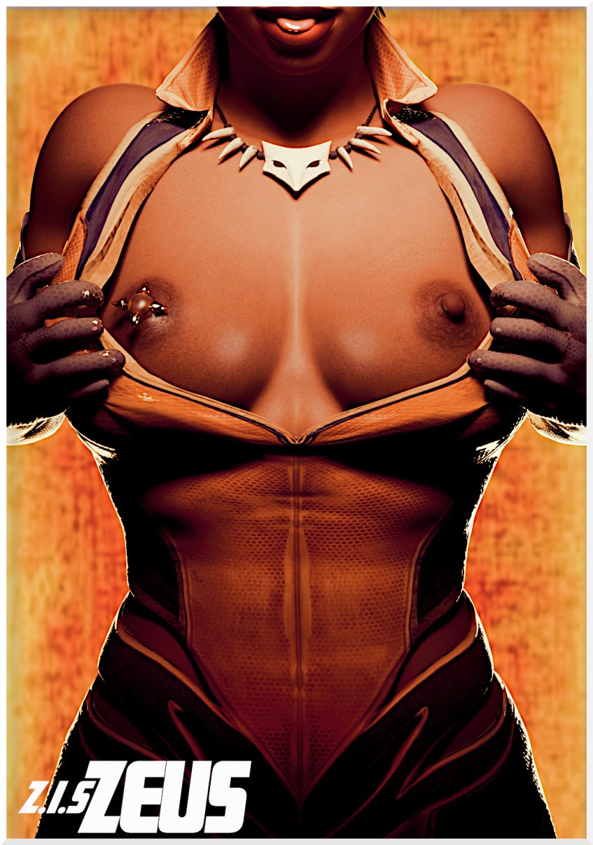 1girls 3d dark-skinned_female dark_skin dc dc_comics exposed_breasts gloves injustice_2 lips mari_jiwe_mccabe mari_mccabe necklace nipple_piercing solo tongue tongue_out vixen_(dc) vixen_(injustice) zis2nsfw