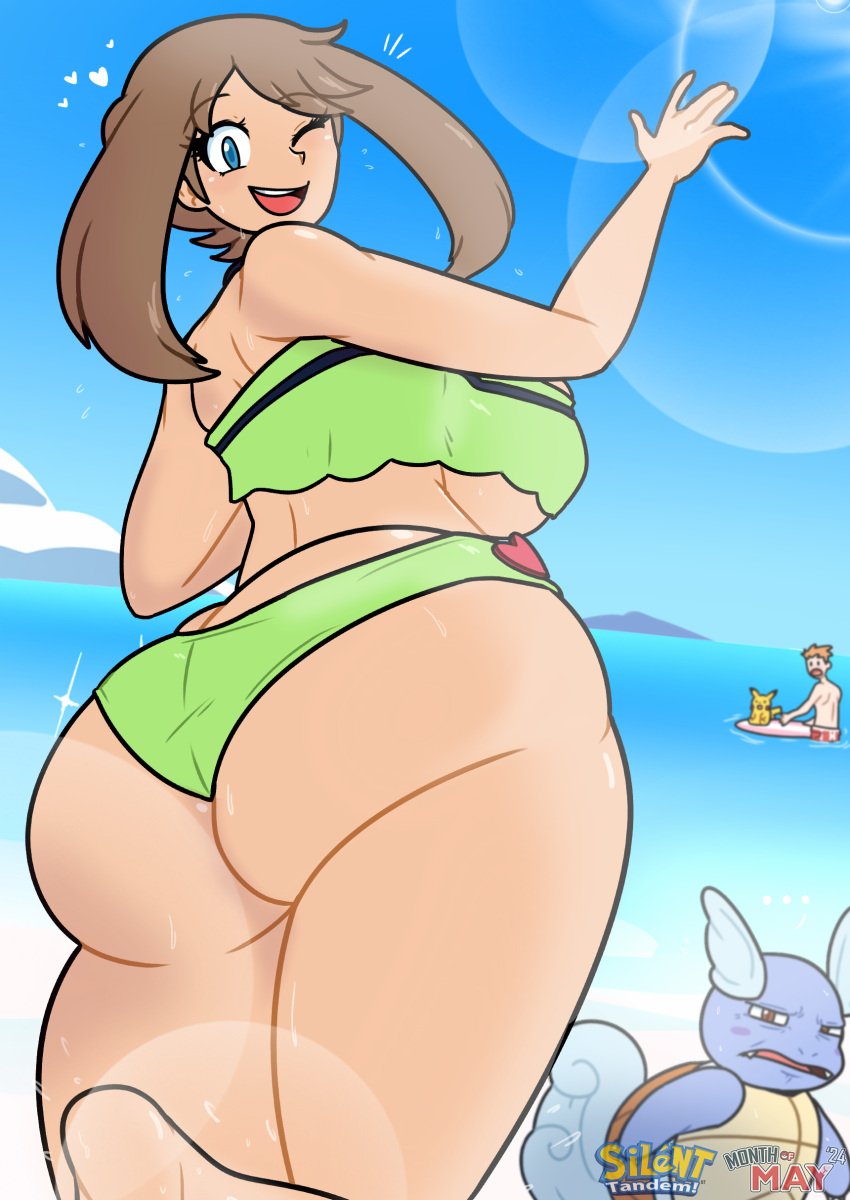 back_view barefoot beach big_ass big_breasts bikini blue_eyes blush breasts brown_hair dripping dripping_wet eye_contact glare green_swimsuit heart huge_breasts human large_ass large_breasts lens_flare looking_at_viewer looking_back may_(pokemon) nintendo ocean pikachu pokémon_(species) pokemon pokemon_rse pov shocked_expression silenttandem splashing surfboard swim_trunks swimsuit thighs wartortle water wink winking winking_at_viewer