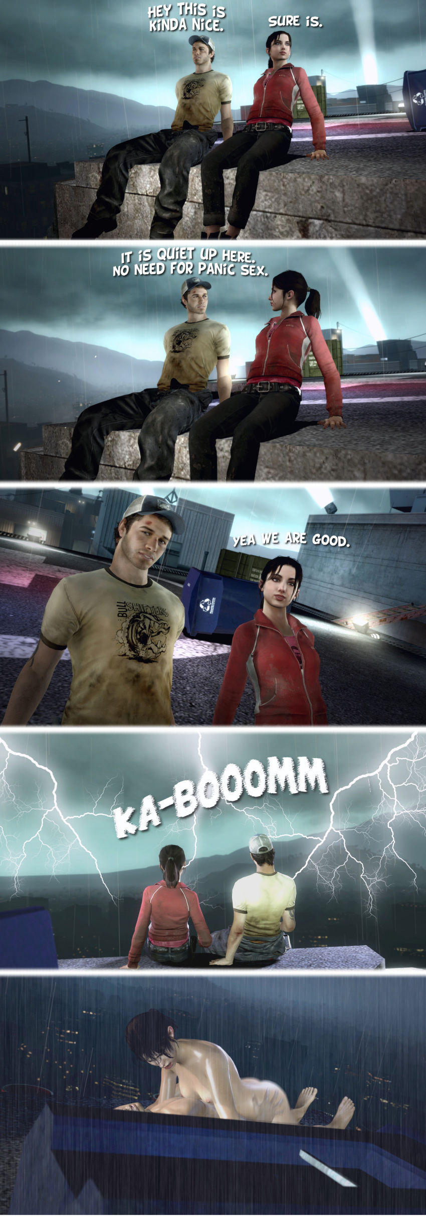 1boy 1boy1girl 1girls 3d building_sex cap comic couple ellis english_text garry's_mod left_4_dead left_4_dead_2 lighting lightning nude ponytail rain rastifan red_jacket sex straight text_bubble thunder thunderstorm wet yellow_shirt zoey_(left_4_dead)