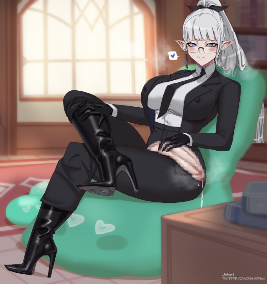 1futa bangs big_breasts boots breasts censored clothed clothing cum cum_drip cum_on_body curvaceous curvy curvy_body curvy_figure elf elf_ears erect_penis erection futa_only futadom futanari glasses gloves heart-shaped_pupils high_heel_boots high_heels huge_cock knee_boots leather leather_boots leather_clothing leather_gloves light-skinned_futanari light_skin long_hair mosaic_censoring mostly_clothed nipple_bulge office office_lady original original_character original_characters pants penis pointed_ears salazr4 silver_hair sitting sitting_on_person slime slime_monster solo thighs white_hair