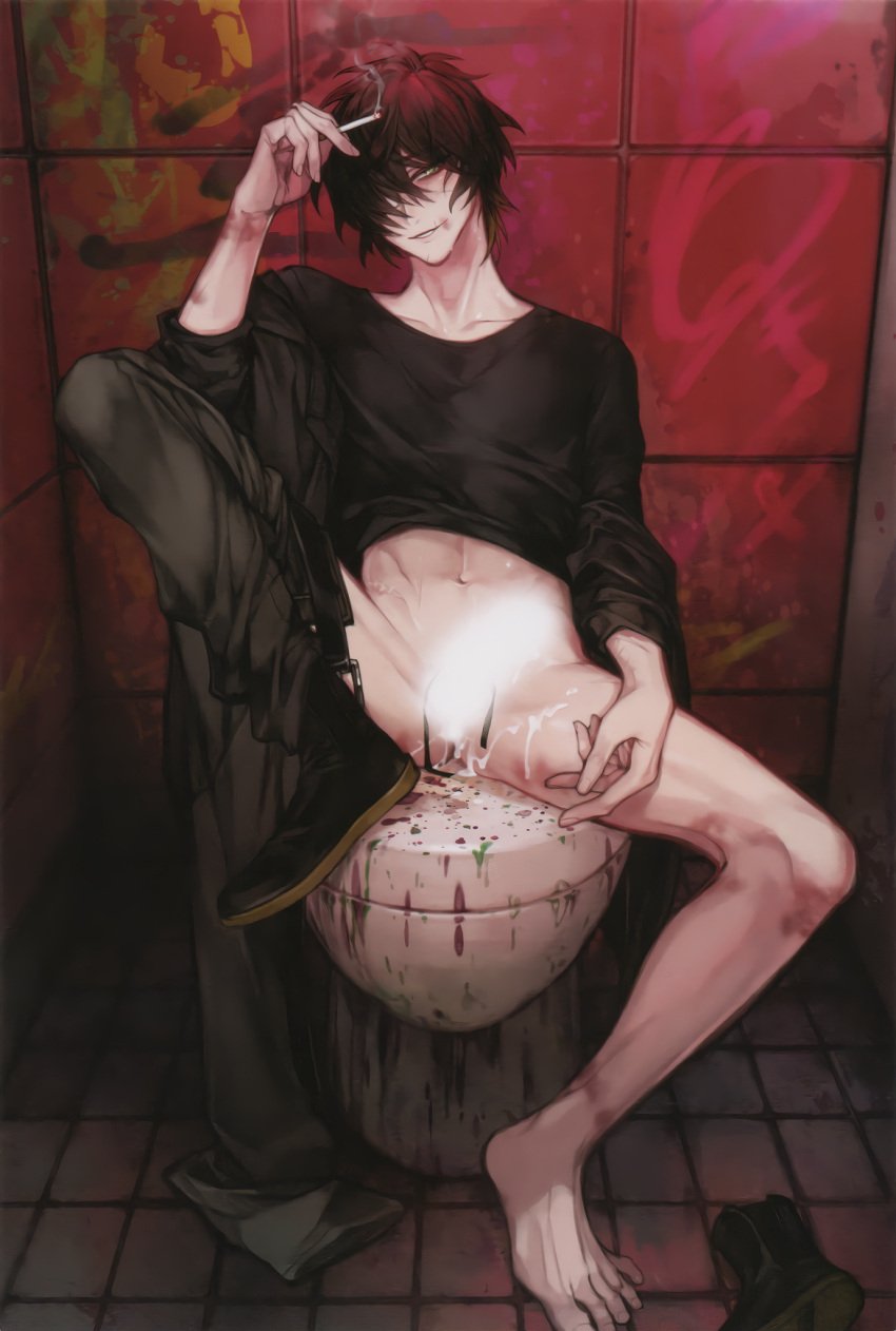 black_hair black_skirt boots bruise bruise_on_face censored cigarette graffiti hair_over_one_eye highres injury nitro+_chiral non-web_source official_art paint pale_skin partially_undressed scar skirt slow_damage toilet towa_(slow_damage)