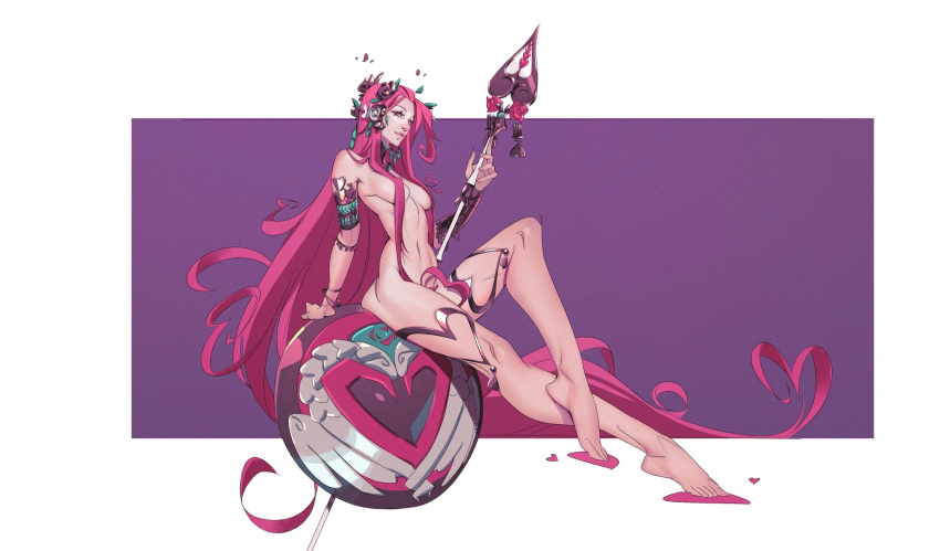 1girls aphrodite aphrodite_(hades) ass_press barefoot casual censored_nipples completely_nude convenient_censoring deity european_mythology female goddess greek_mythology hades_(game) mythology nudist pale_skin pink_hair public_domain simple_background weapon