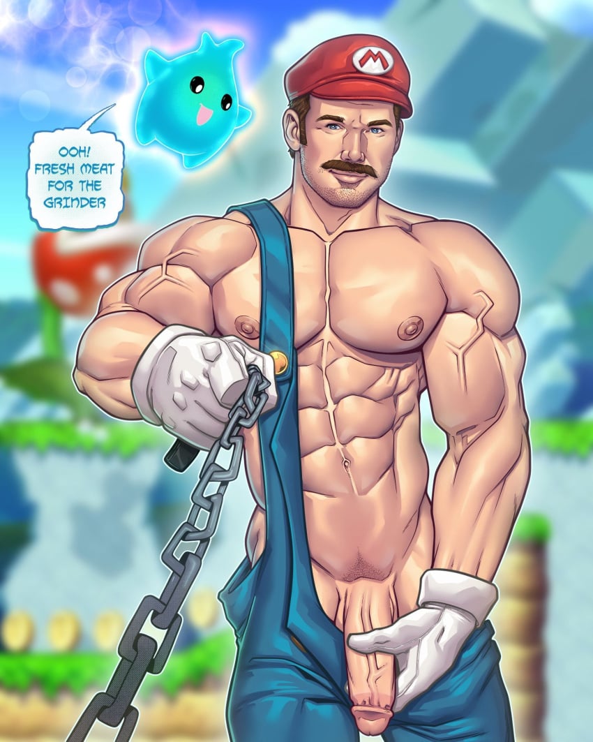 1boy actor bara big_cock big_penis blitzturner boner caucasian caucasian_male celebrity chains chris_pratt dialogue english_dialogue english_text erect_penis erection hard_on holding_penis huge_cock in_character looking_at_viewer luma lumalee male male_only mario mario_(cosplay) mario_(series) muscles muscular muscular_male overalls solo solo_male super_mario_bros. super_mario_bros._(2023_film) text veiny_penis