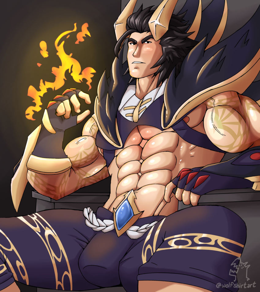 1boy abs bara biceps bulge clothing dragonmancers_series league_of_legends male male_nipples male_only muscular_male nipples obsidian_dragon_sett pecs riot_games sett wolfshirtart