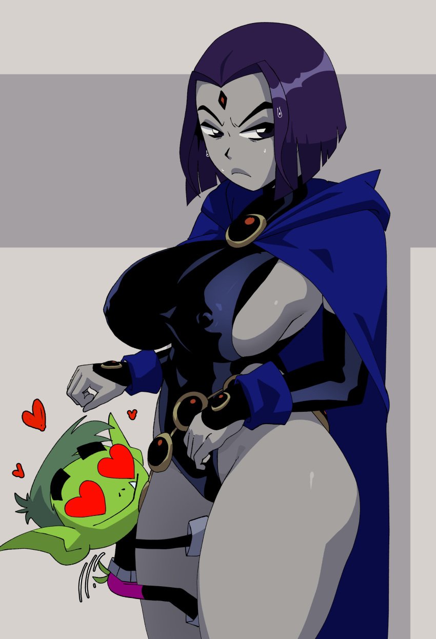 1boy 1girl 1girls ass beast_boy beast_boy_(teen_titans_go!) belt black_leotard blue_cape breasts cape chibi clothing colored_skin coolerinker curvaceous erect_nipples_under_clothes female female_only forehead_jewel gloves green_skin grey_skin half_demon heart heart-shaped_pupils highleg huge_breasts inkershike large_breasts leotard looking_at_viewer older_female purple_eyes purple_hair rachel_roth raven_(dc) short_hair sideboob solo_focus standing symbol-shaped_pupils teen_titans teen_titans_go teenage_girl thick_thighs thighs wide_hips