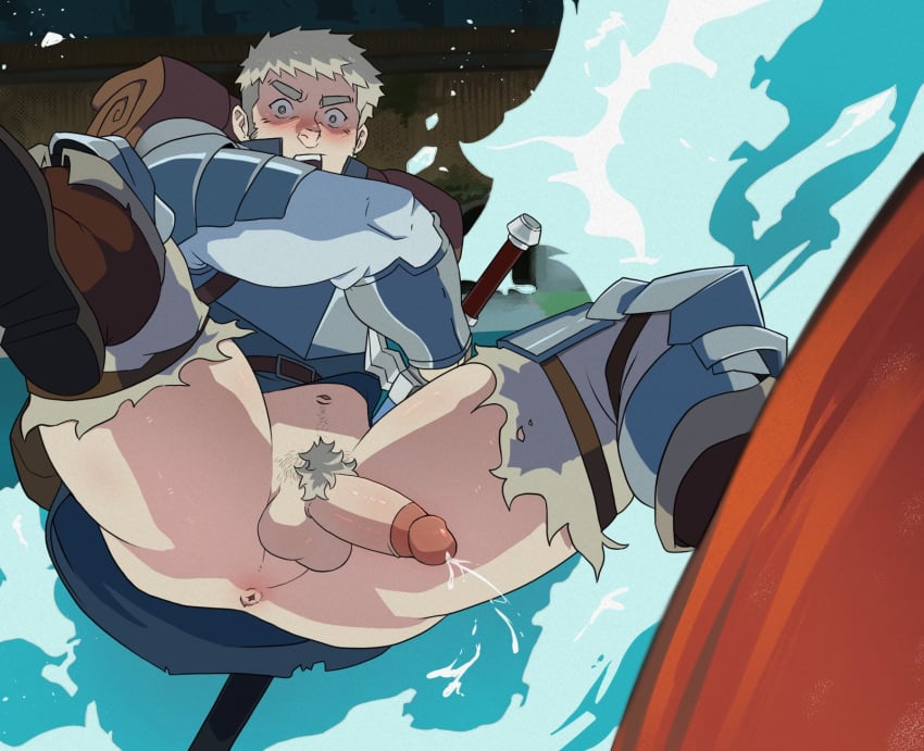 1boy anus ass_visible_through_thighs bara blonde_hair blush cum derivative_work dungeon_meshi ejaculation facial_hair fighting_stance highres ho_tdoug kraken laios_touden male_focus male_only medium_sideburns muscular muscular_male pants penis pubic_hair ready_to_draw screenshot_redraw short_hair sideburns_stubble solo spread_legs stubble thick_eyebrows thick_thighs thighs torn_clothes torn_pants uncensored