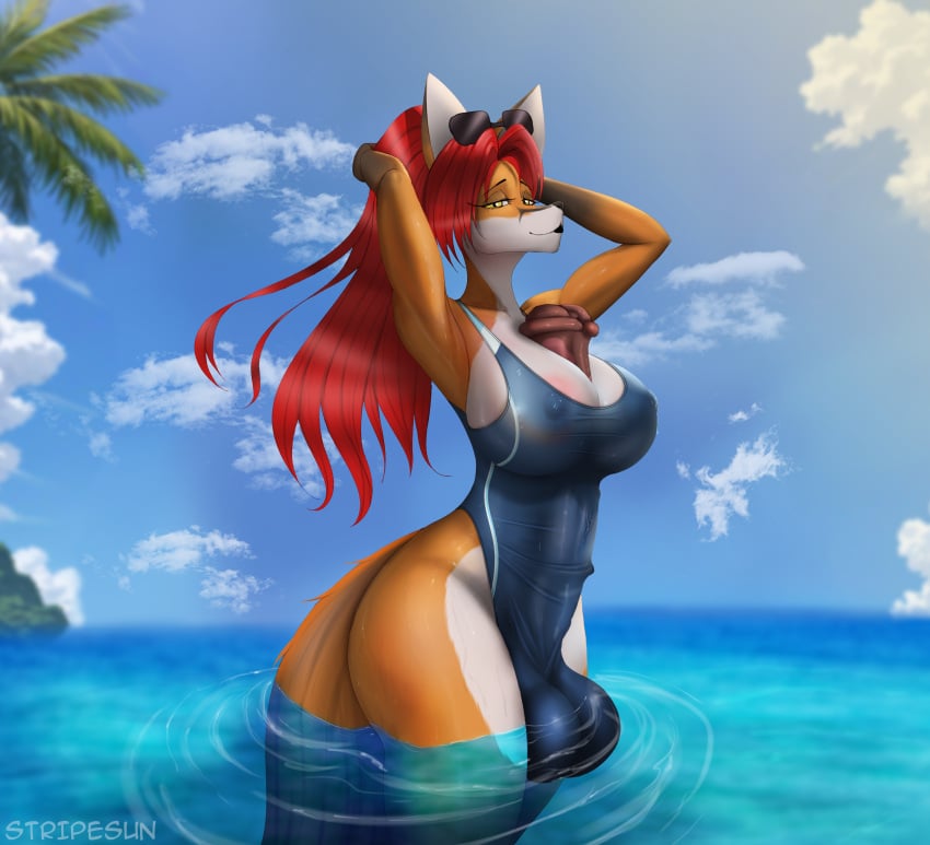 abs absurd_res aeril_(helios) animal_genitalia animal_penis anthro arms_above_head autopaizuri balls beach big_breasts breasts bulge canid canine clothing countershading ears_up equine_genitalia equine_penis eyewear fox genitals gynomorph hair half-length_portrait hi_res huge_breasts intersex looking_at_viewer mammal nipples nipples_visible_through_clothing one-piece_swimsuit penis penis_between_breasts penis_poking_out portrait raised_arms red_hair solo sunglasses sunstripe swimwear tagme thick_thighs tight_clothing tight_fit water wet wide_hips