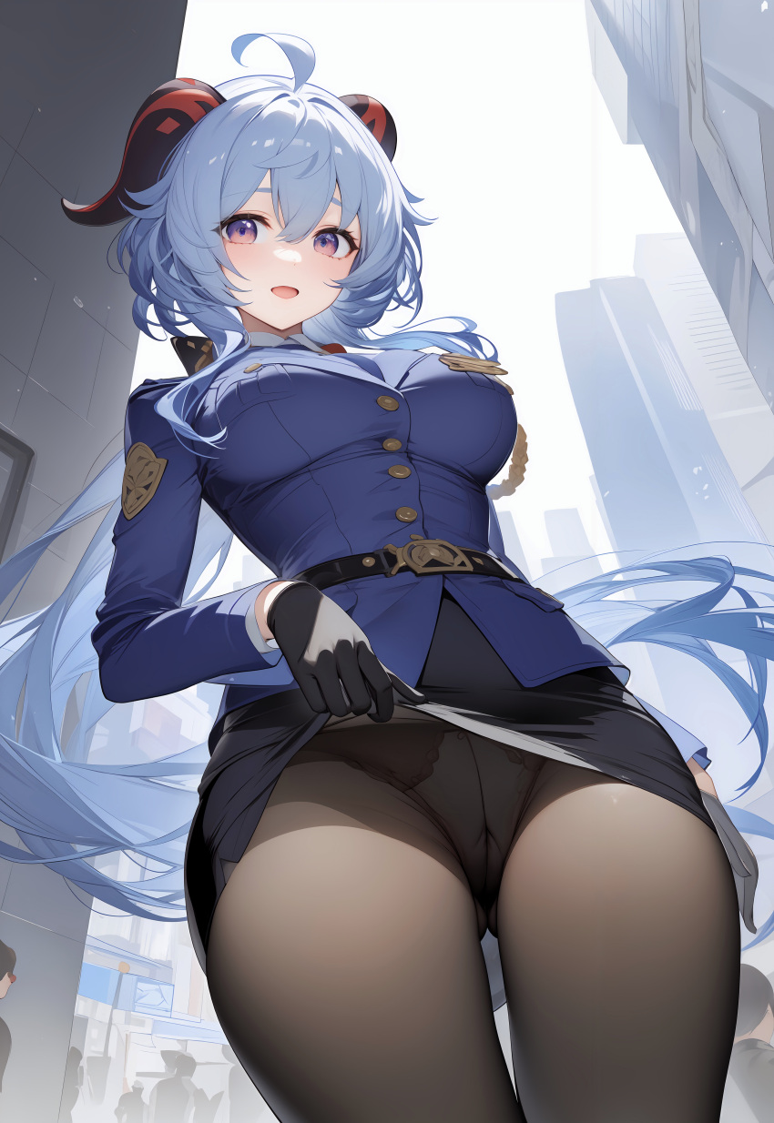 1girls ai_generated ass big_breasts blue_hair ganyu_(genshin_impact) genshin_impact hi_res horn legwear long_hair nipples outdoors panties pantyhose police_uniform pussy rainyshst voluptuous