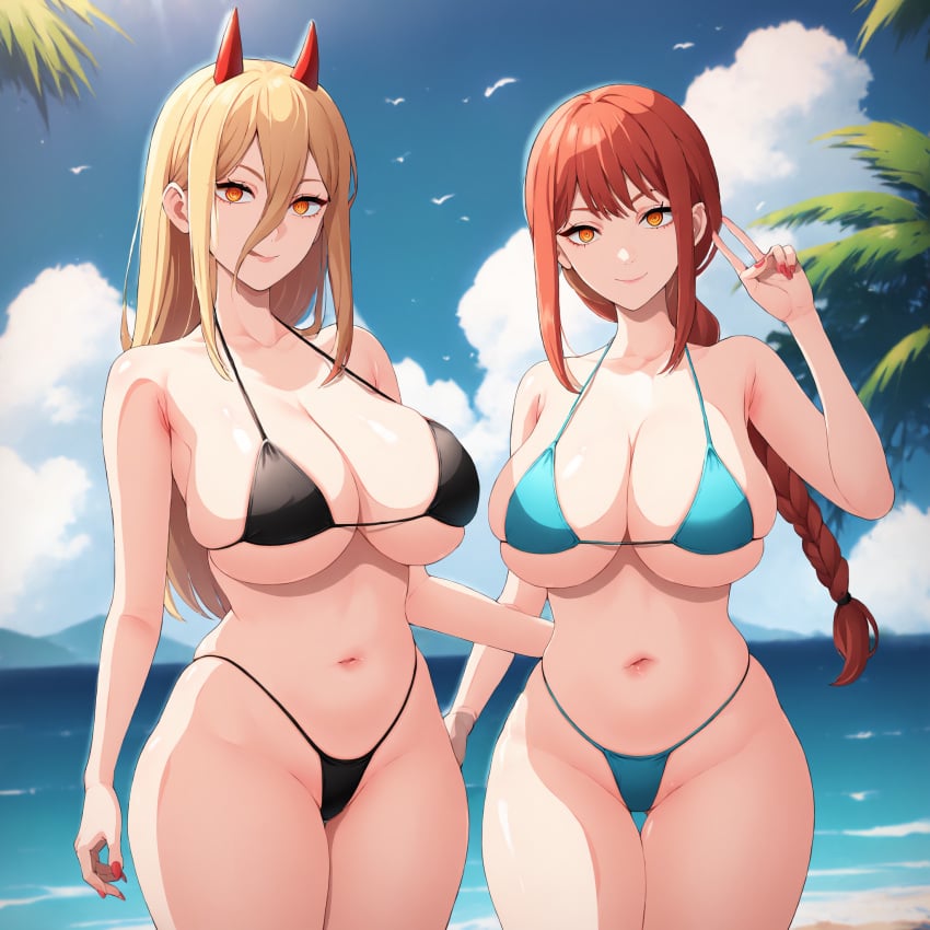 2girls ai_generated bangs beach bikini black_bikini blonde_hair blue_bikini boss_and_subordinate braid braided_hair breasts chainsaw_man curvy female female_only gardener_ai hair_between_eyes highleg highleg_bikini horns hugging large_breasts long_hair makima_(chainsaw_man) micro_bikini nail_polish navel orange_eyes palm_tree peace_sign pony_diffusion_xl power_(chainsaw_man) red_hair ringed_eyes sea seaside single_braid skimpy sky smile stable_diffusion string_bikini thick_thighs thong_bikini wide_hips