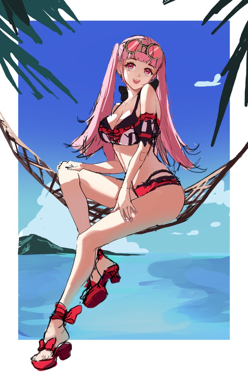 1girls alternate_costume beach bikini blunt_bangs cleavage female female_only fire_emblem fire_emblem:_three_houses fire_emblem_heroes hammock high_heel_sandals high_heels hilda_valentine_goneril hilda_valentine_goneril_(summer) legs light-skinned_female light_skin nintendo official_alternate_costume palm_tree pink_bikini pink_eyes pink_hair pink_swimsuit sunglasses sunglasses_on_head swimsuit twintails zedoraart