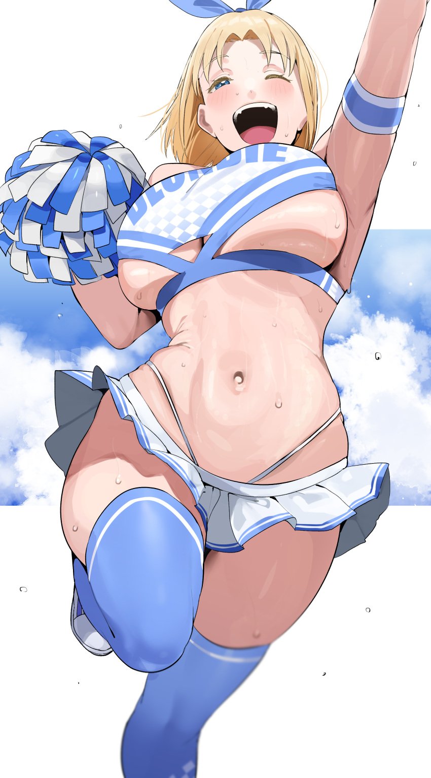 1girls blonde_girl_(okpriko) blonde_hair blue_eyes breasts cheerleader cheerleader_uniform female female_only high_resolution large_breasts looking_at_viewer okpriko one_eye_closed original pom_poms skirt solo thighhighs thighs very_high_resolution wide_hips