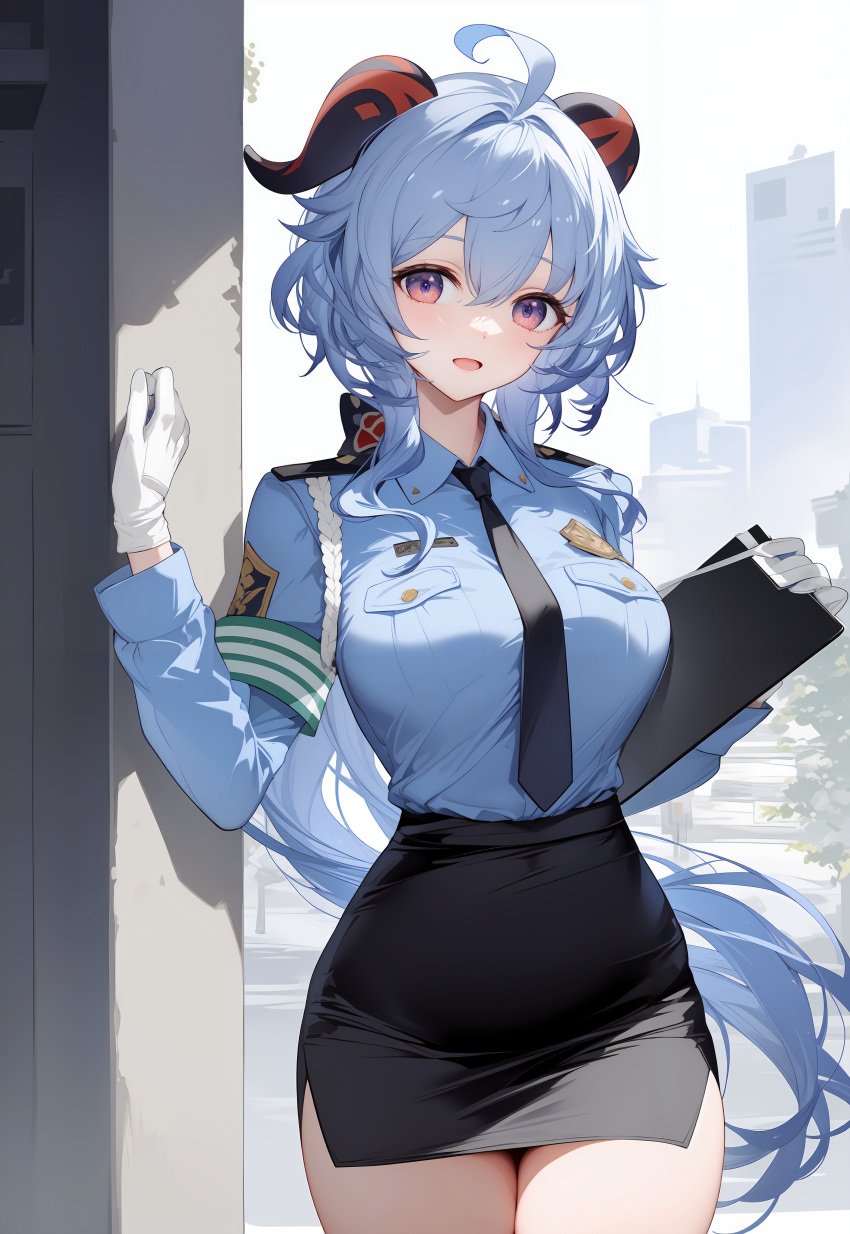 1girls ai_generated ass big_breasts blue_hair ganyu_(genshin_impact) genshin_impact hi_res horn legwear long_hair nipples outdoors panties police_uniform pussy rainyshst voluptuous