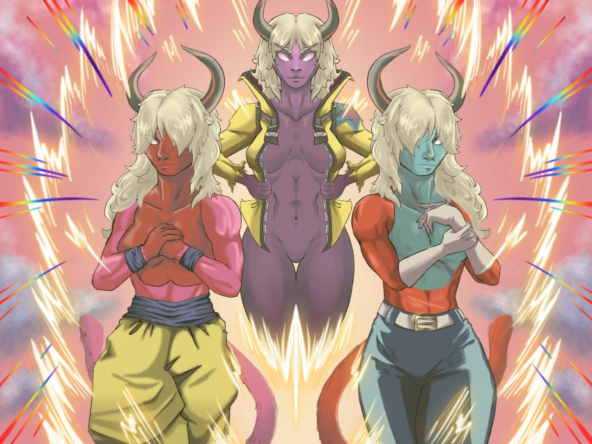 3girls armband armbands baggy_pants belt blue_body breasts clouds commission commissioner_upload cosplay crossover demon demon_girl demon_horns desdemona_(fortnite) dokkan_battle dragon_ball epic_games featureless_crotch female female_only fortnite fusion fusion_character gloves hi_res holding_jacket horns jacket multiple_girls muscular_female naked_jacket nipple no_pupils pants pink_background pink_sky purple_body red_body red_fur tagme tail tight_pants topless topless_female underworld_desdemona_(fortnite) white_hair yellow_jacket