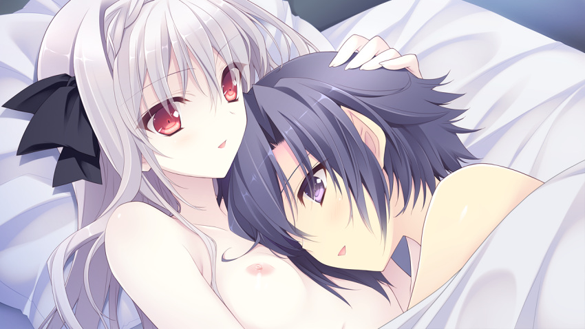 bed_sheet black_hair bow breasts couple female first_porn_of_franchise game_cg grey_hair hairbow kokura_asahi long_hair lying nude ookura_yuusei open_mouth pointy_chin purple_eyes red_eyes ribbon sakurakouji_luna suzuhira_hiro tsuki_ni_yorisou_otome_no_sahou under_covers