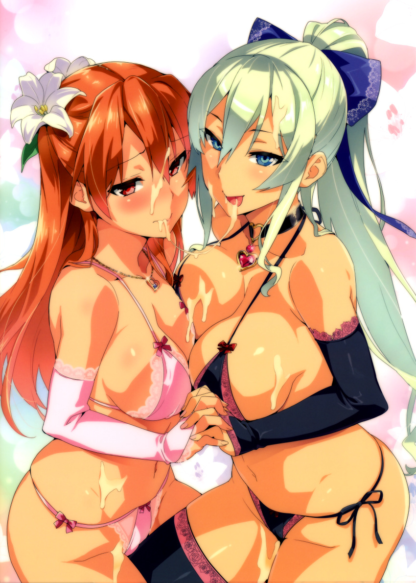 2girls :p absurdres black_bra black_gloves black_legwear black_panties blue_eyes blush bow bra breast_press breasts bridal_gauntlets choker cleavage cum cum_on_body cum_on_breasts cum_on_hair cum_on_lower_body cum_on_upper_body elbow_gloves espada_love facial female flower gloves grey_hair hair_flower hair_ornament hairbow hand_holding highres interlocked_fingers jewelry lace-trimmed_gloves large_breasts long_hair maken-ki! multiple_girls necklace orange_hair panties pink_bra pink_gloves pink_panties platinum_blonde_hair ponytail red_eyes side-tie_panties smile string_panties takaki_furan takeda_hiromitsu thighhighs tied_hair tongue tongue_out underwear very_long_hair yuri