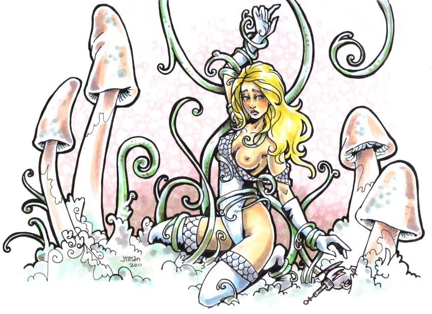 1girls barbarella blaster blonde_hair blush bound_feet bound_torso bound_wrists exposed_breasts helpless imminent_rape kneeling leotard long_hair mushroom nipples one_breast_out outdoors plant restrained sci-fi space tagme tentacle thighhighs vines worried