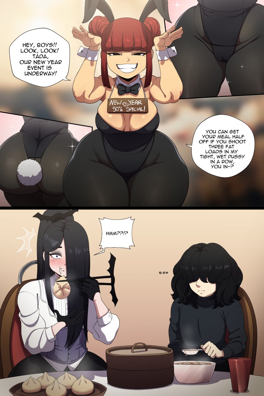 1girls 2boys big_breasts black_hair blackwhiplash bunny_ears bunnysuit chef_mu comic double_bun femboy hair_over_one_eye highres huge_butt long_hair lun_blanc meat_bun mitch_cruorem original original_character red_hair sidelocks text thick_thighs voluptuous_female