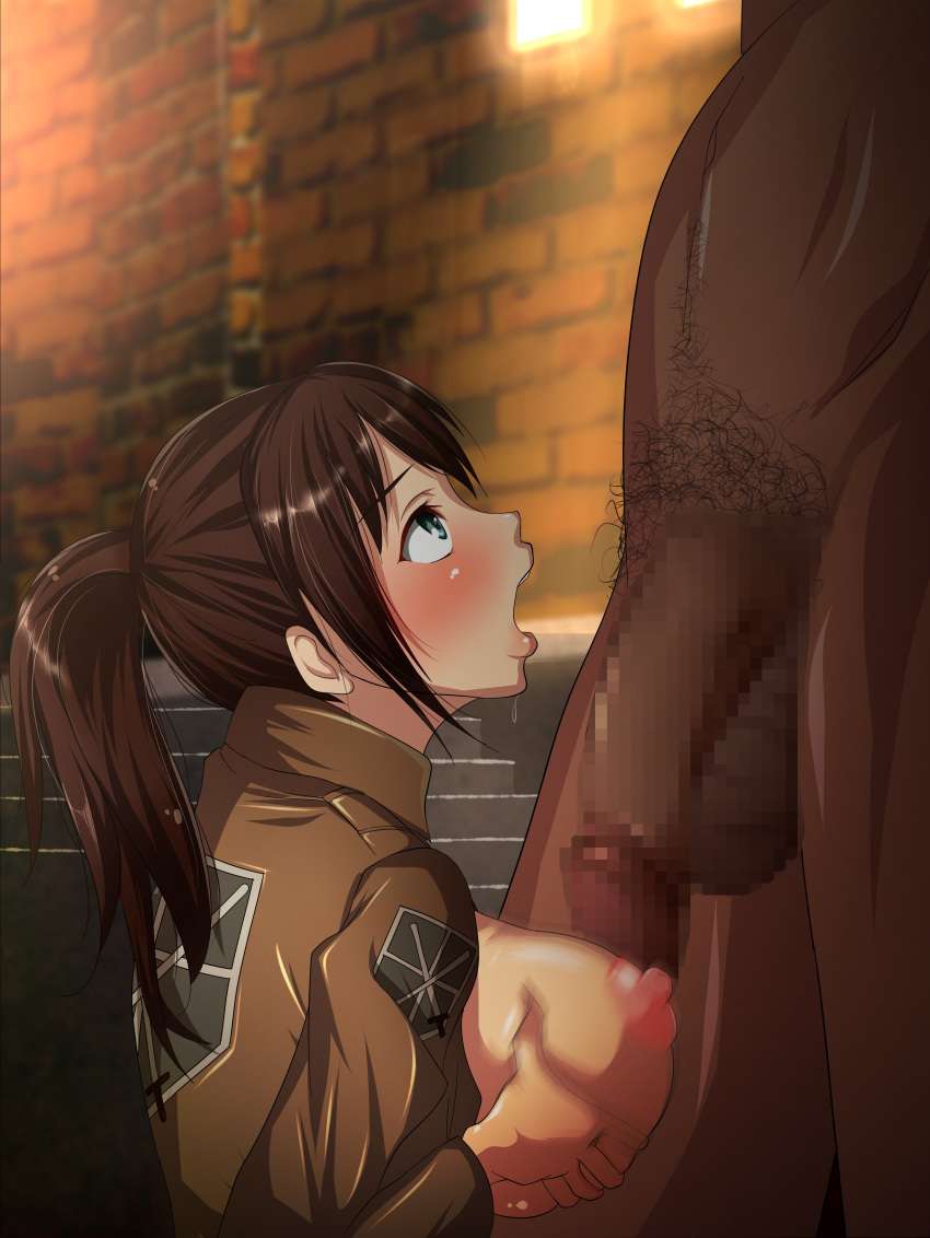 1boy 1girls attack_on_titan big_penis breasts brown_eyes brown_hair censored cute dark-skinned_male eye_contact female hands-free imminent_oral innocent jacket kneeling looking_up male open_mouth oral paizuri penis ponytail sasha_braus seductive_eyes seductive_look seductive_mouth shingeki_no_kyojin size_difference straight tied_hair titan_(shingeki_no_kyojin) tsuikatto_natte_yatta