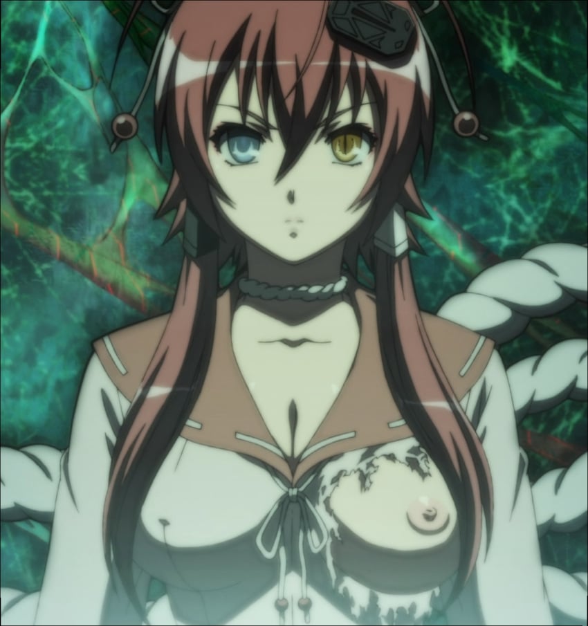 angry angry_face breasts breasts_exposed clothed colored_contact_lens contact_lens eye_color_change hyakka_ryouran_samurai_girls large_breast_out large_breasts one_breast_out red_hair screencap serious serious_look shredded_clothes tagme torn_clothes torn_clothing torn_shirt unamused yagyuu_juubei