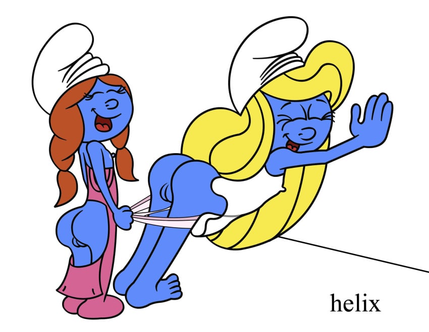 blonde blonde_hair blue_skin brown_hair butt_flap female hanna-barbera helix multiple_girls pajamas panty_pull pussy sassette simple_background smurfette the_smurfs white_background young yuri