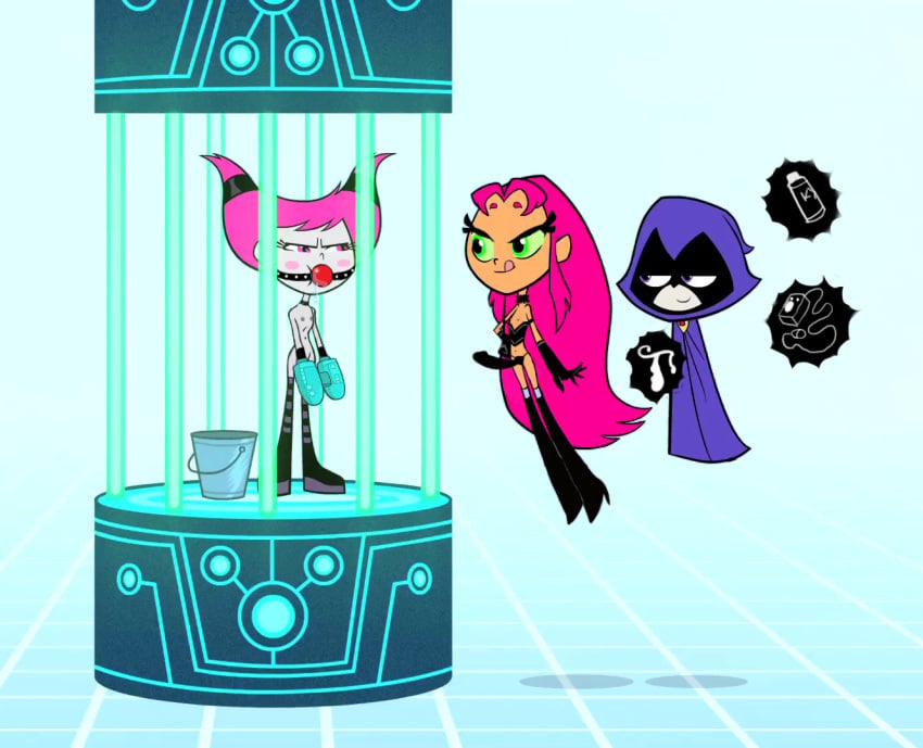 3girls accurate_art_style ball_gag bondage d.w. dc dc_comics dcau female female_only femdom femsub gag jinx_(dc) multiple_girls rachel_roth raven_(dc) starfire straight_hair tamaranean teen_titans teen_titans_go