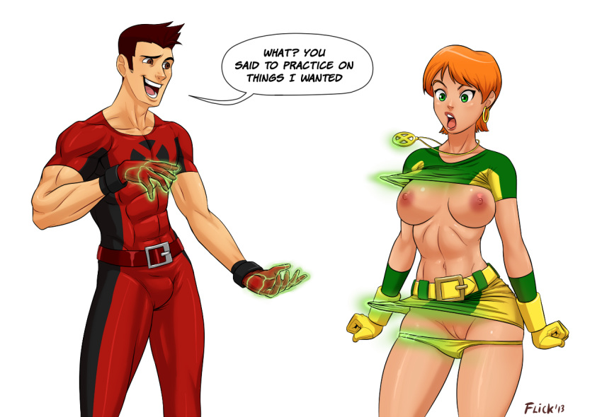 assisted_exposure bulge dialogue earrings flick flick-the-thief green_eyes hellion_(x-men) hoop_earrings julian_keller marvel marvel_girl nipples no_bra panties_down rachel_summers red_hair skirt surprised telekinesis white_background x-men