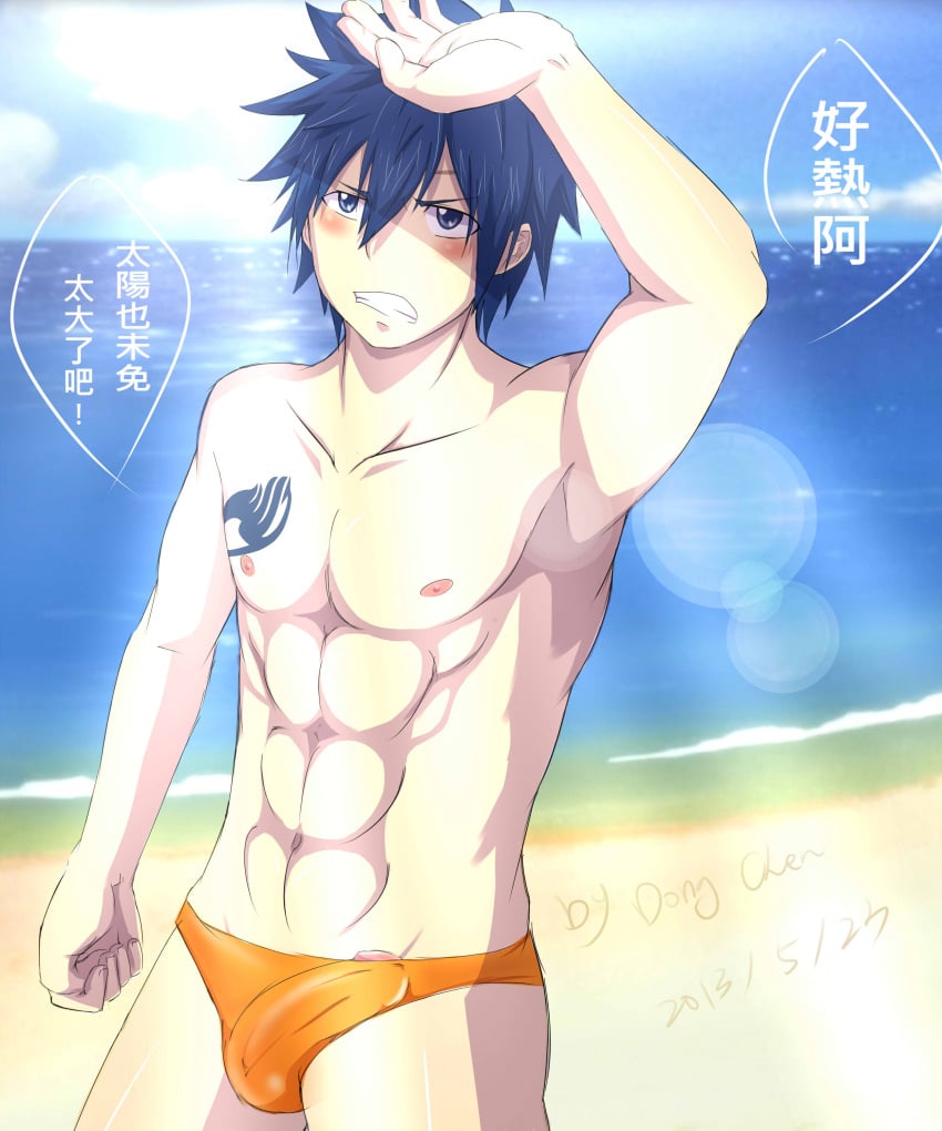 1boy beach dong_chen erection_under_clothes fairy_tail gray_fullbuster male male_only penis_peek solo speedo tagme