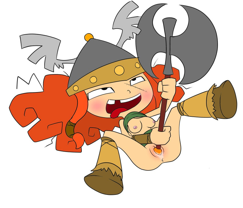 axe barbara_(rayman) barbarian battle_axe female helmet manual masturbation rayman_(series) rayman_legends red_hair tagme weapon