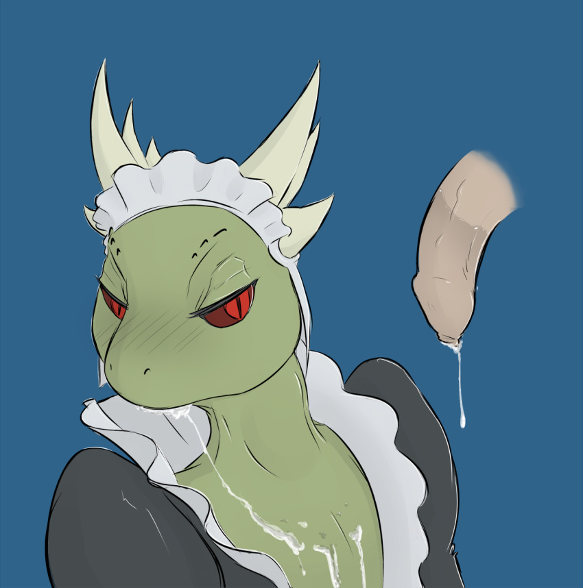 1girls argonian cum cum_drip cum_in_mouth cum_on_chest cum_string disembodied_penis female lifts-her-tail lusty_argonian_maid maid penis red_eyes scalie skyrim soapmonster the_elder_scrolls